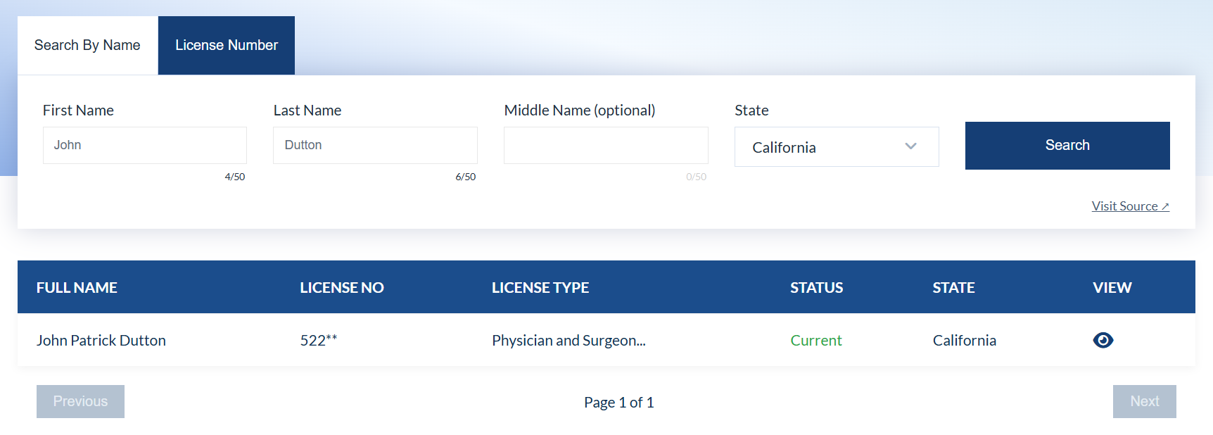 Doctor license lookup search results